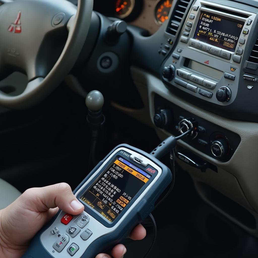 OBD2 Scanner connected to a 2005 Mitsubishi Endeavor showing data retrieval