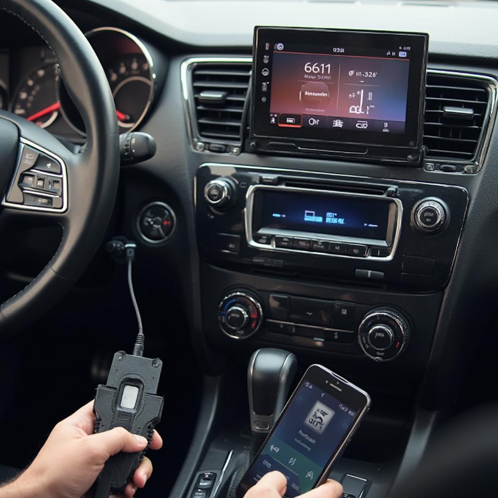 OBD2 scanner plugged into the OBD2 port of a car, connected wirelessly to an Android Auto head unit displaying real-time vehicle data.