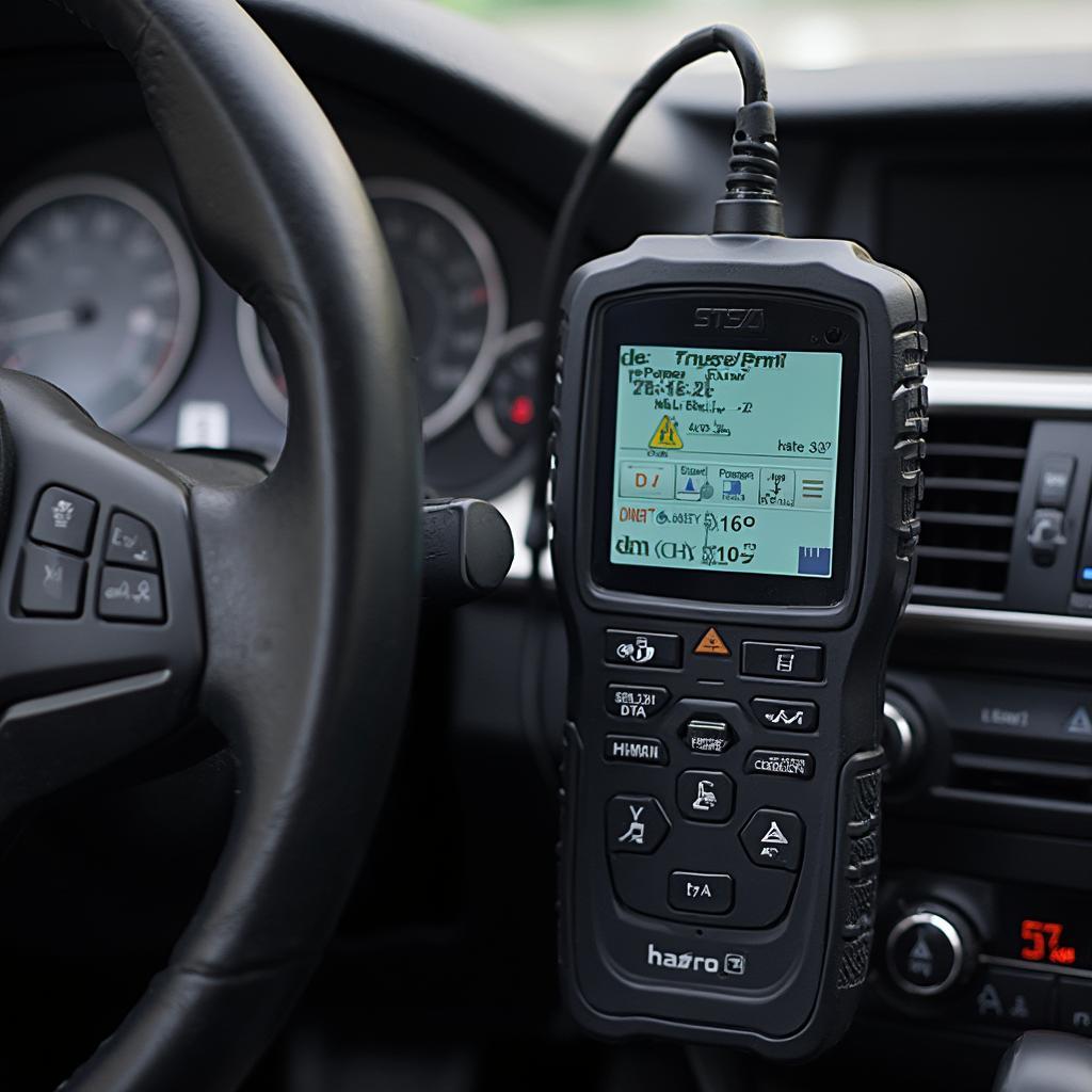 OBD2 scanner plugged into a BMW dashboard, displaying diagnostic information.