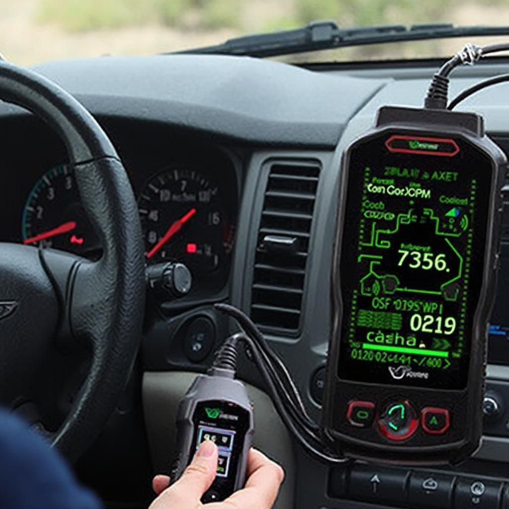 OBD2 scanner plugged into a car's diagnostic port, displaying real-time data on a screen.