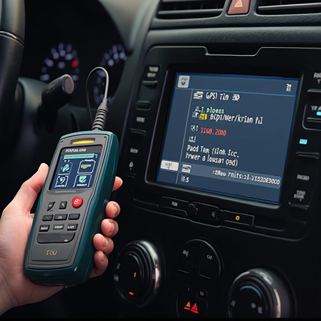 OBD2 scanner plugged into a car's OBD2 port, displaying an ECU-related error code on its screen.