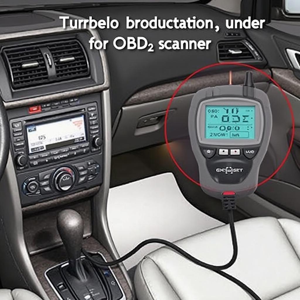 An OBD2 scanner is shown connected to a car's OBD2 port, located under the dashboard.