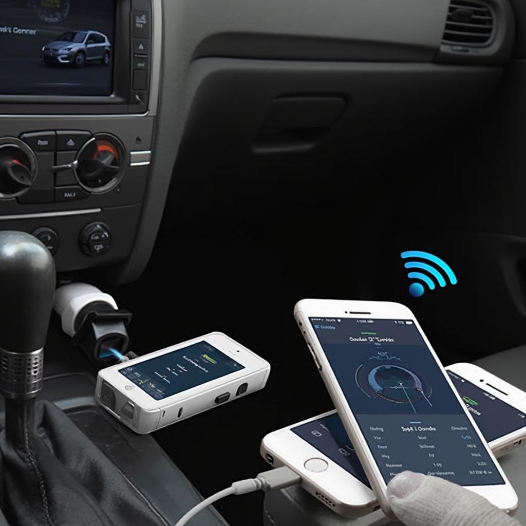 OBD2 scanner plugged into a car's OBD2 port and connected to a smartphone via Bluetooth