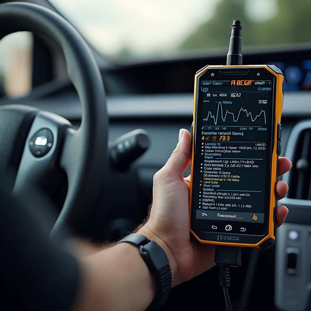 OBD2 scanner plugged into a Prius's OBD2 port, displaying diagnostic information on its screen.