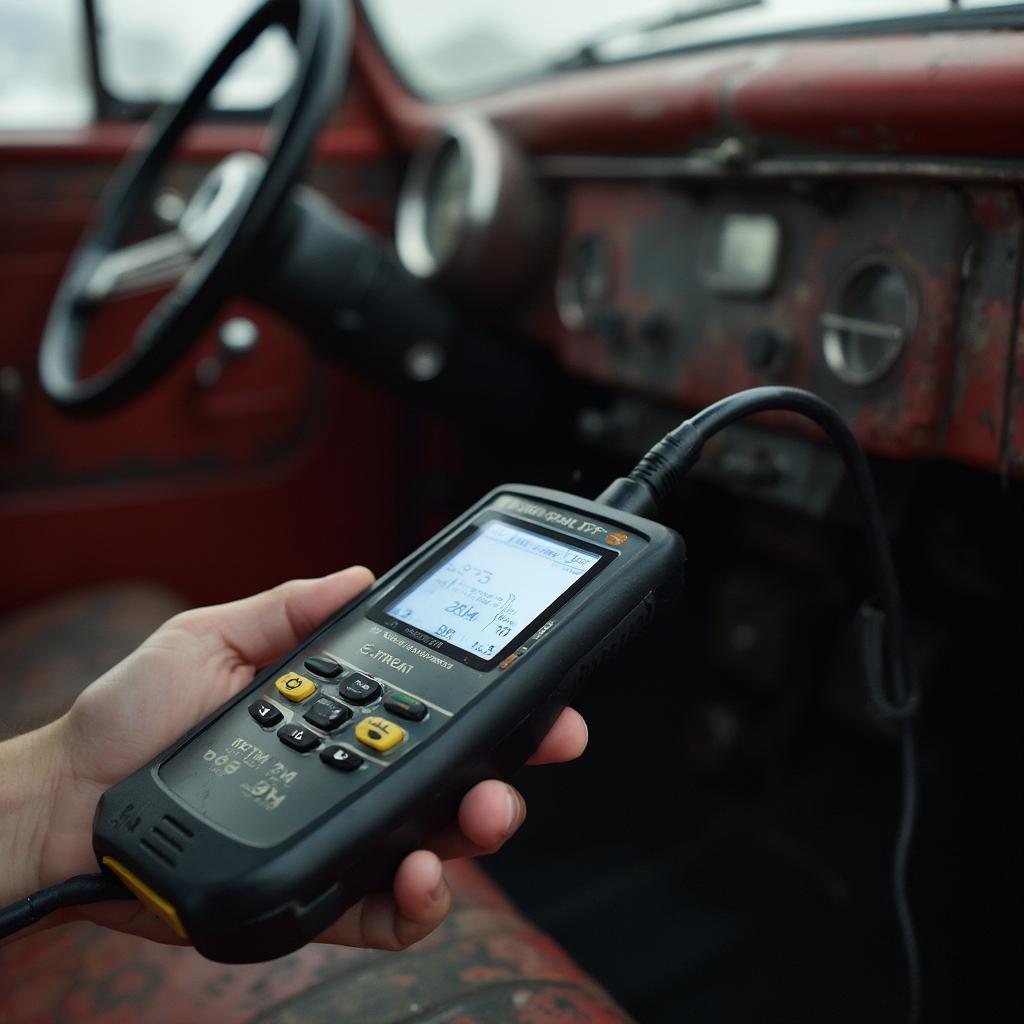 An OBD2 scanner connected to the diagnostic port of a rat rod.