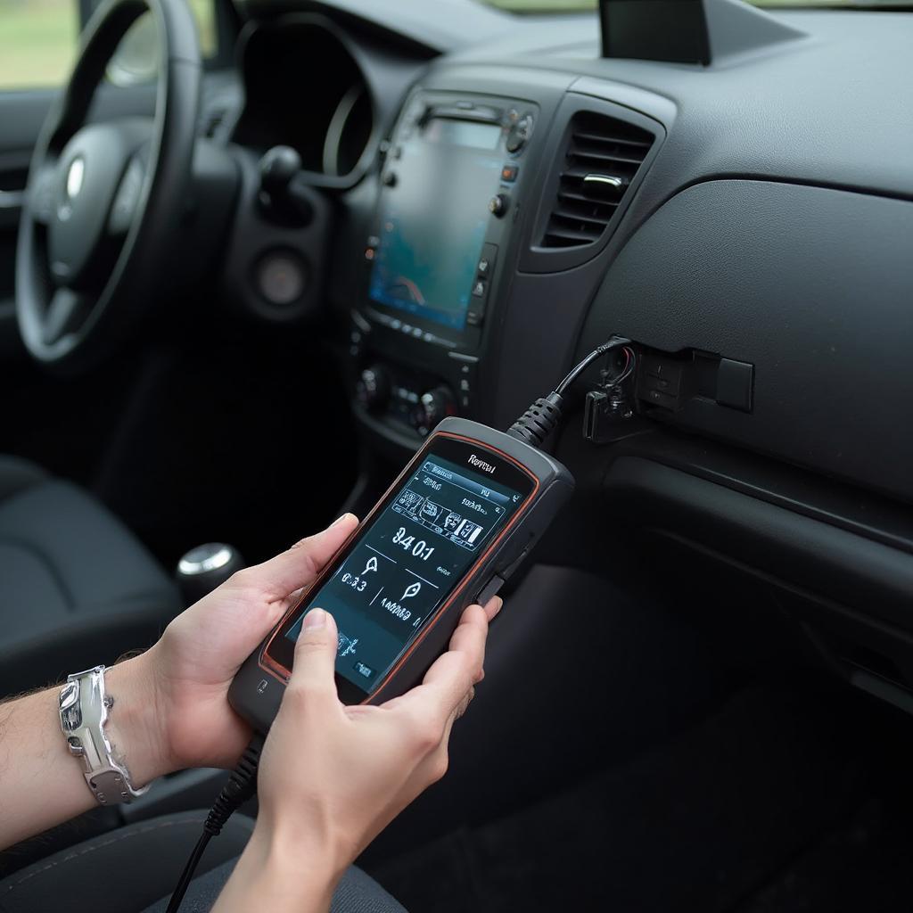 OBD2 scanner plugged into a Renault Vel Satis OBD2 port