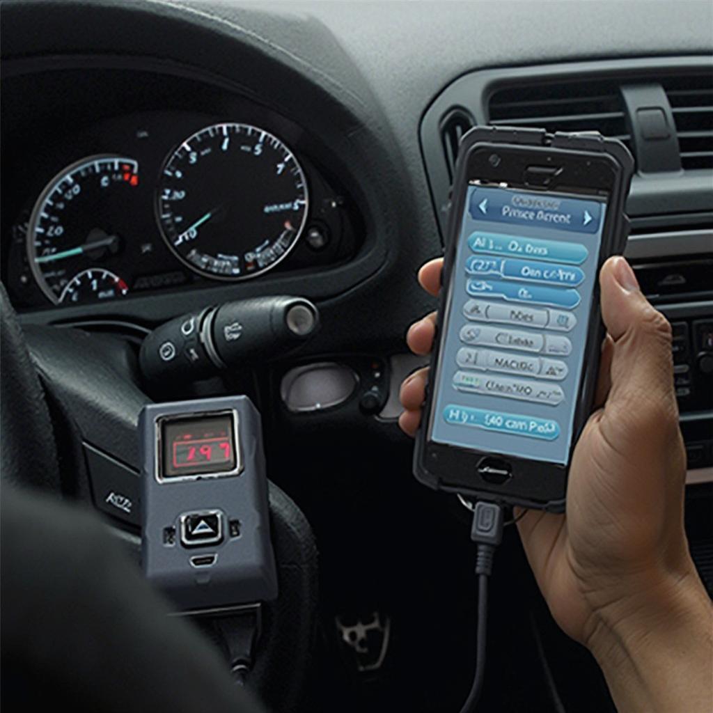 OBD2 scanner connected to a smartphone, displaying real-time car data on the screen.