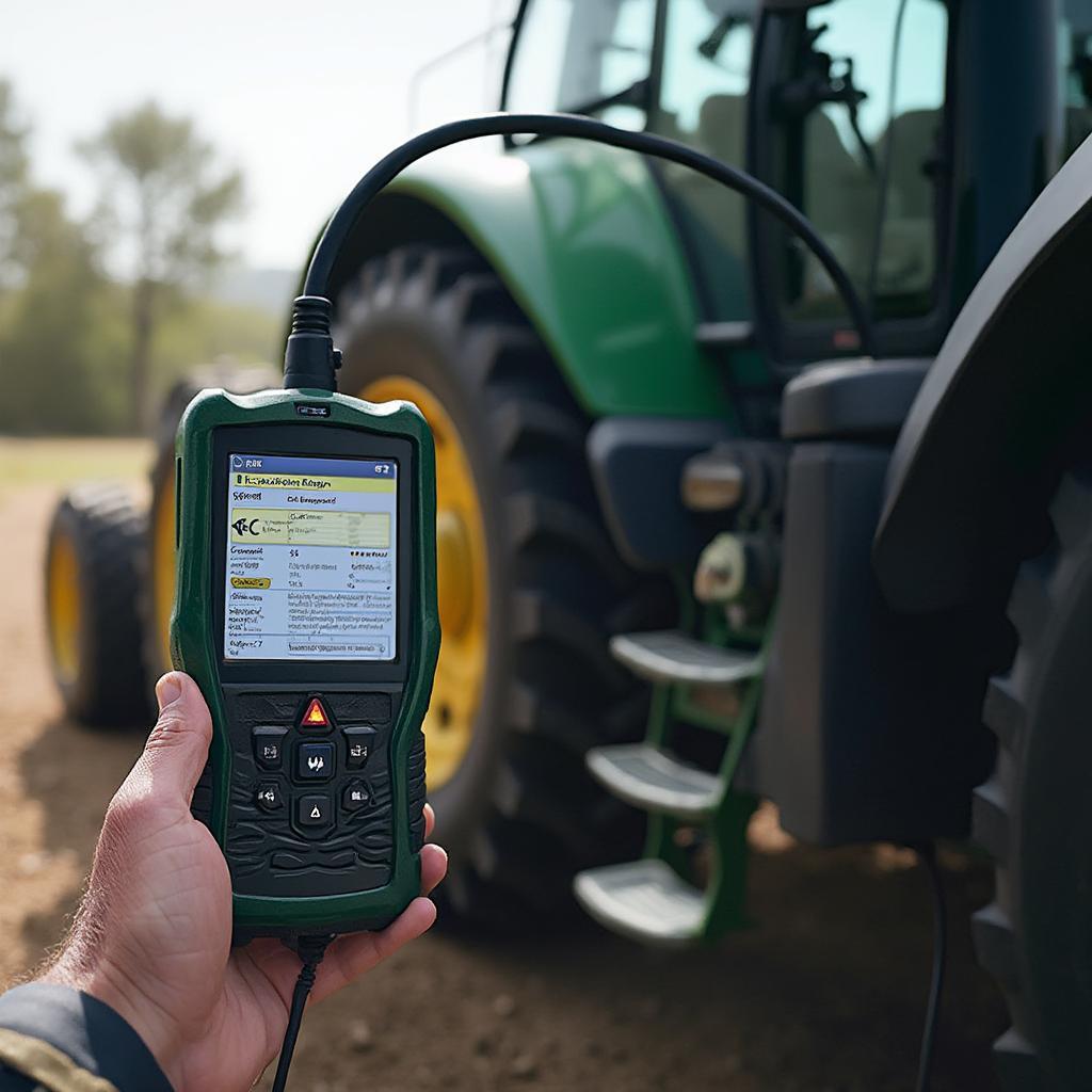 OBD2 scanner plugged into a tractor's diagnostic port