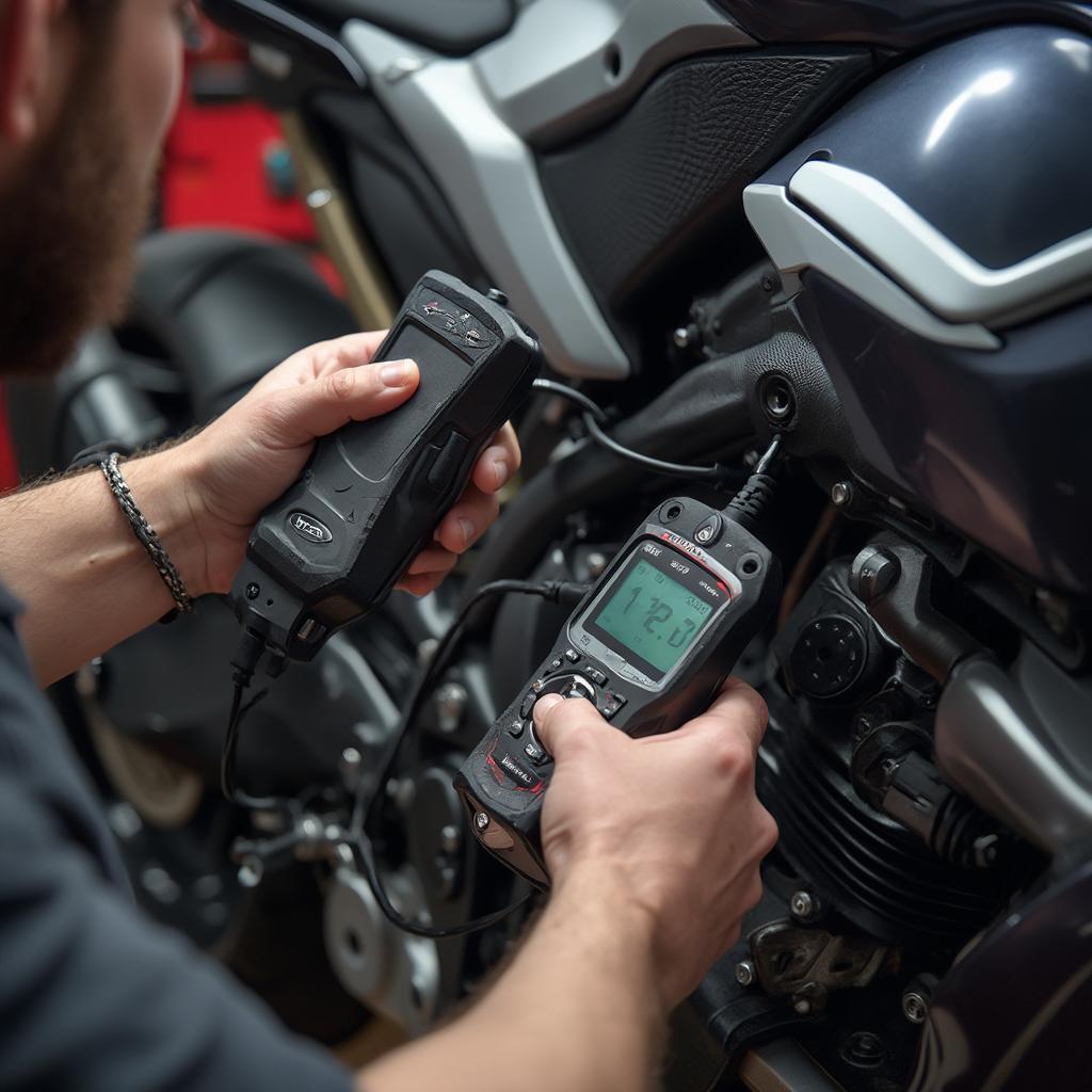 OBD2 scanner connected to a Triumph motorcycle