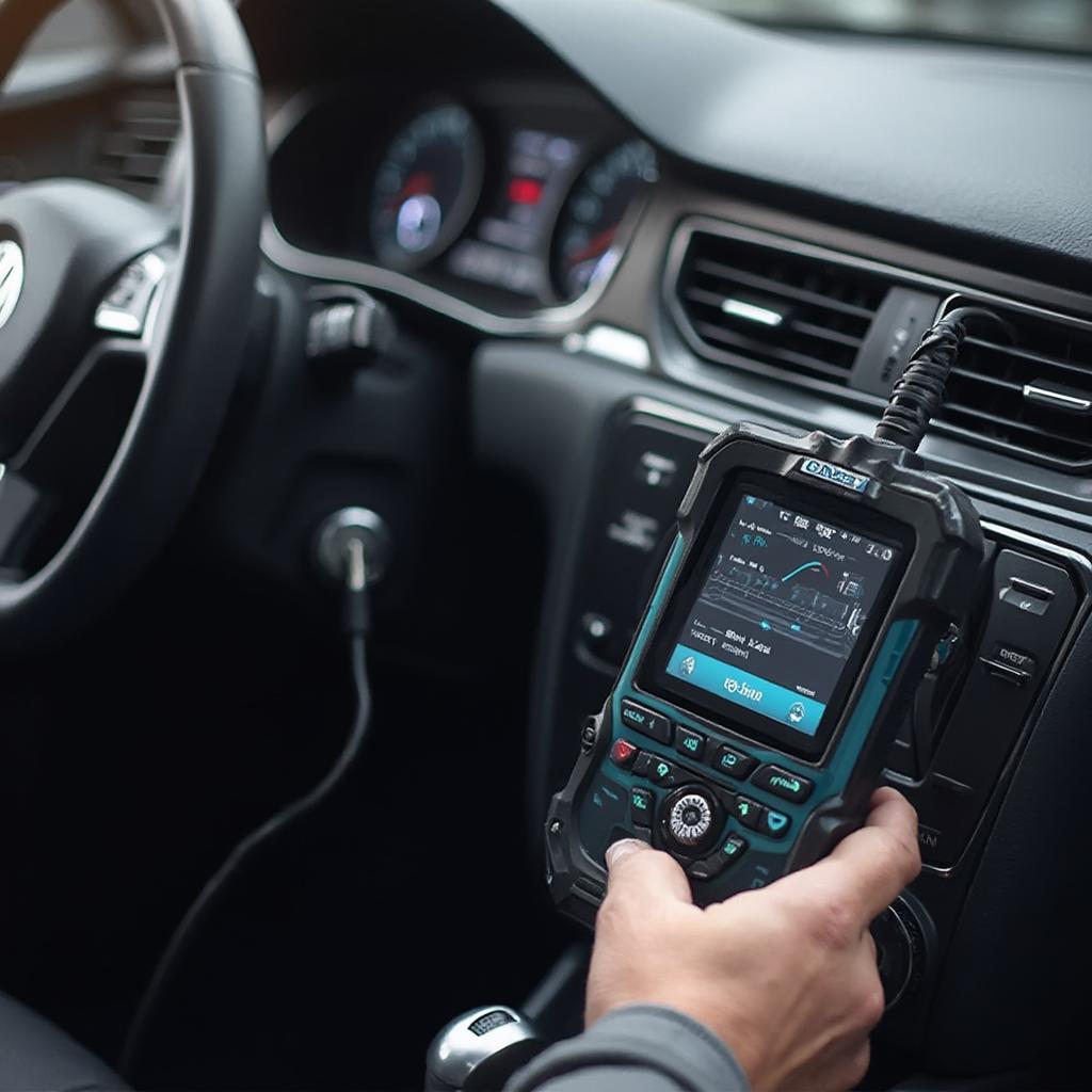 OBD2 scanner plugged into a VW Passat's diagnostic port.