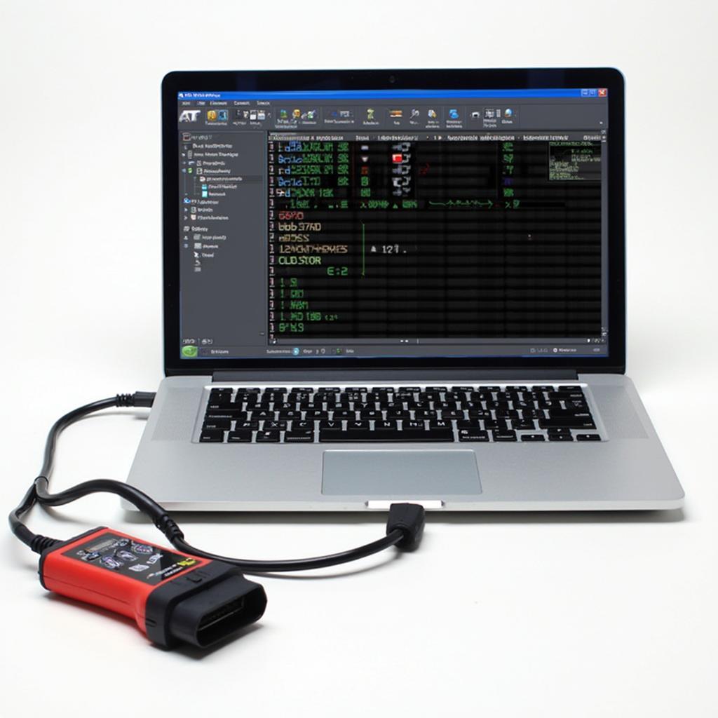 OBD2 scanner connected to a Windows 10 laptop via USB cable