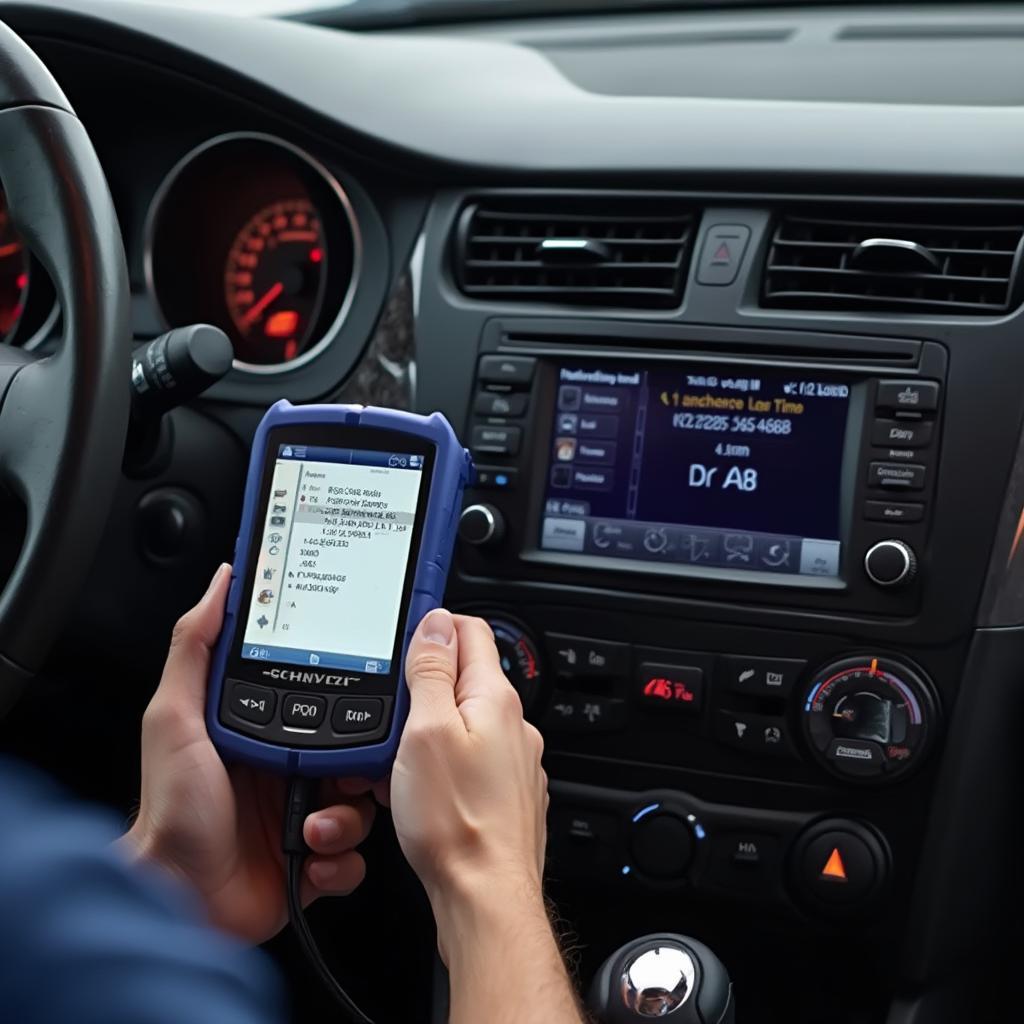 OBD2 scanner plugged into a car's diagnostic port, displaying diagnostic information on its screen.