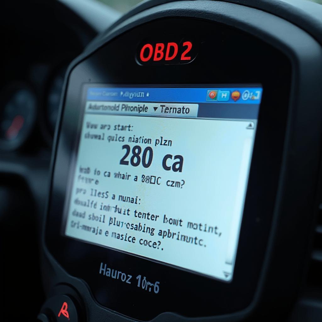 OBD2 Scanner Displaying Error Code: Close-up image of an OBD2 scanner screen showing a diagnostic trouble code and its definition, emphasizing the importance of understanding the specific code for effective troubleshooting.