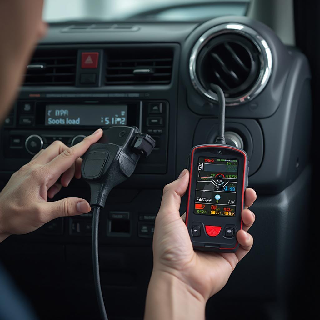 OBD2 scanner connected to a vehicle's OBD2 port to diagnose DPF issues.