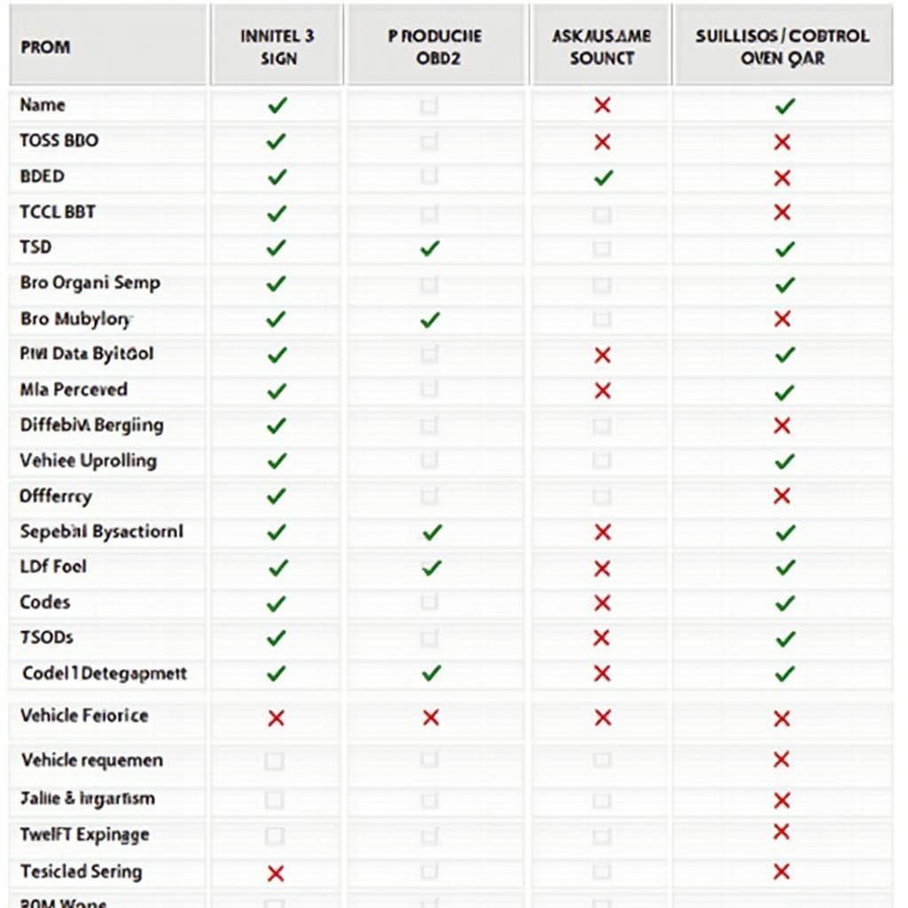 Comparison chart of key features in different OBD2 scanners