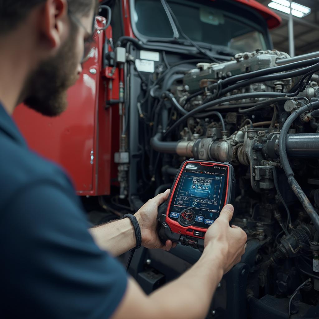 OBD2 Scanner Connected to Heavy Truck Engine