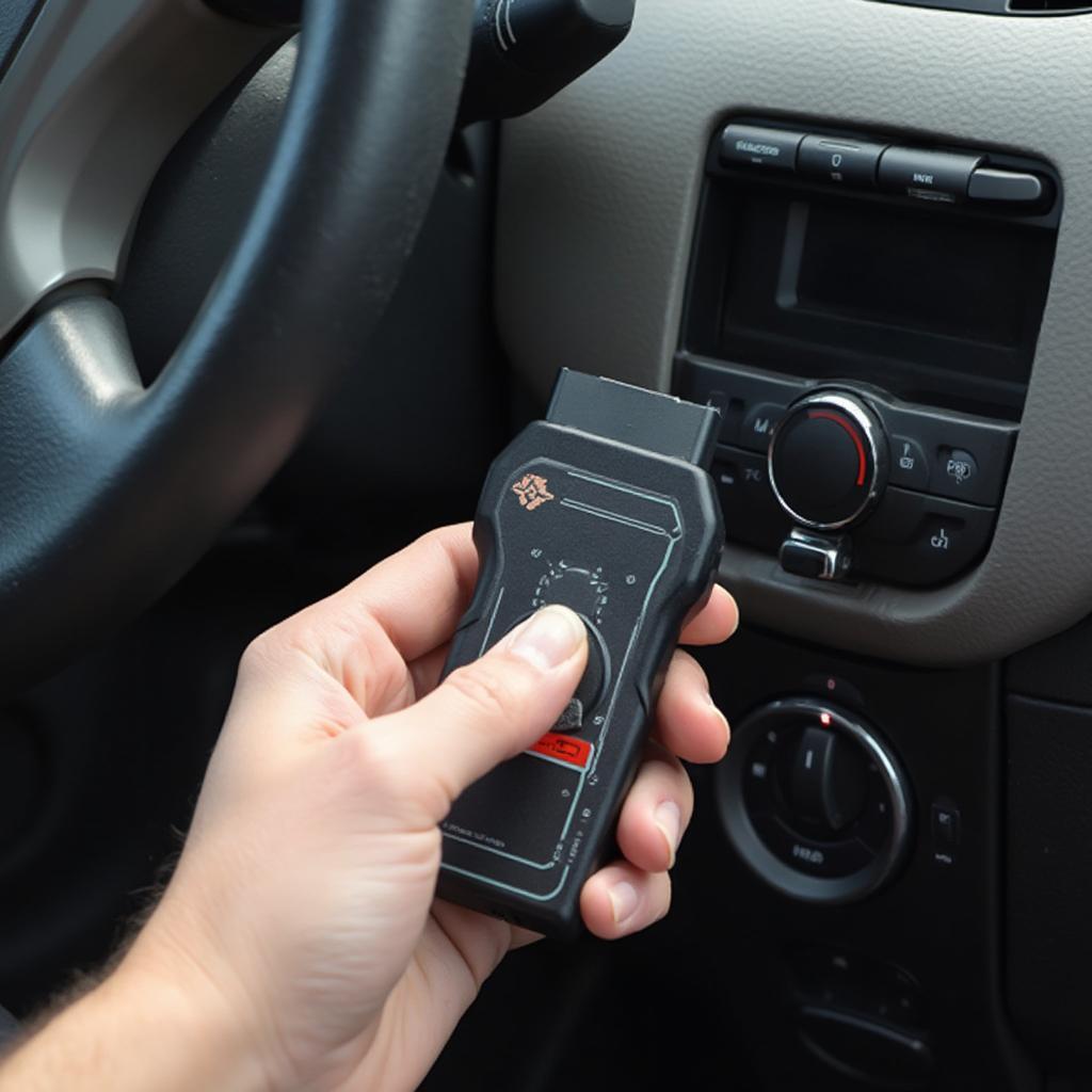 Holding an OBD2 Scanner Ready to Use