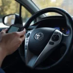 Hand Holding an OBD2 Scanner Next to a Prius