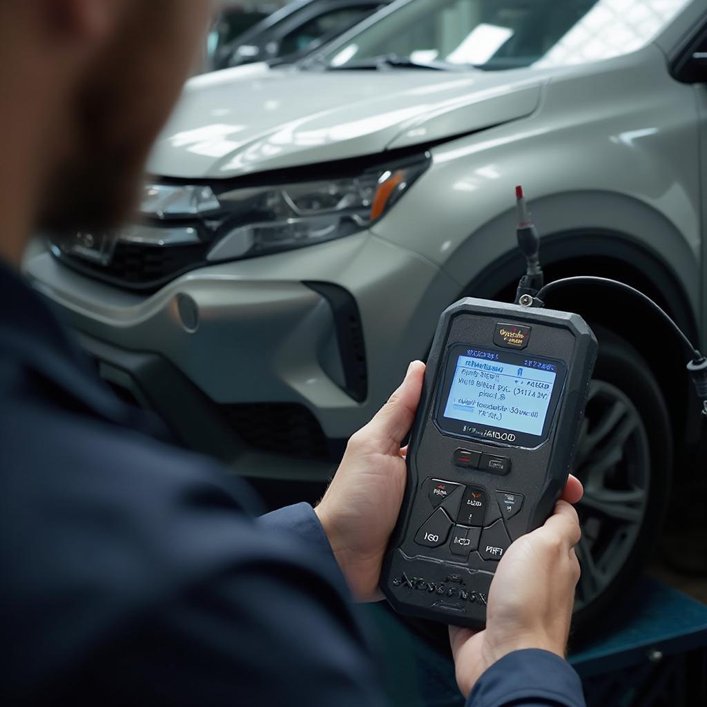 Mechanic Using an OBD2 Scanner in a Garage