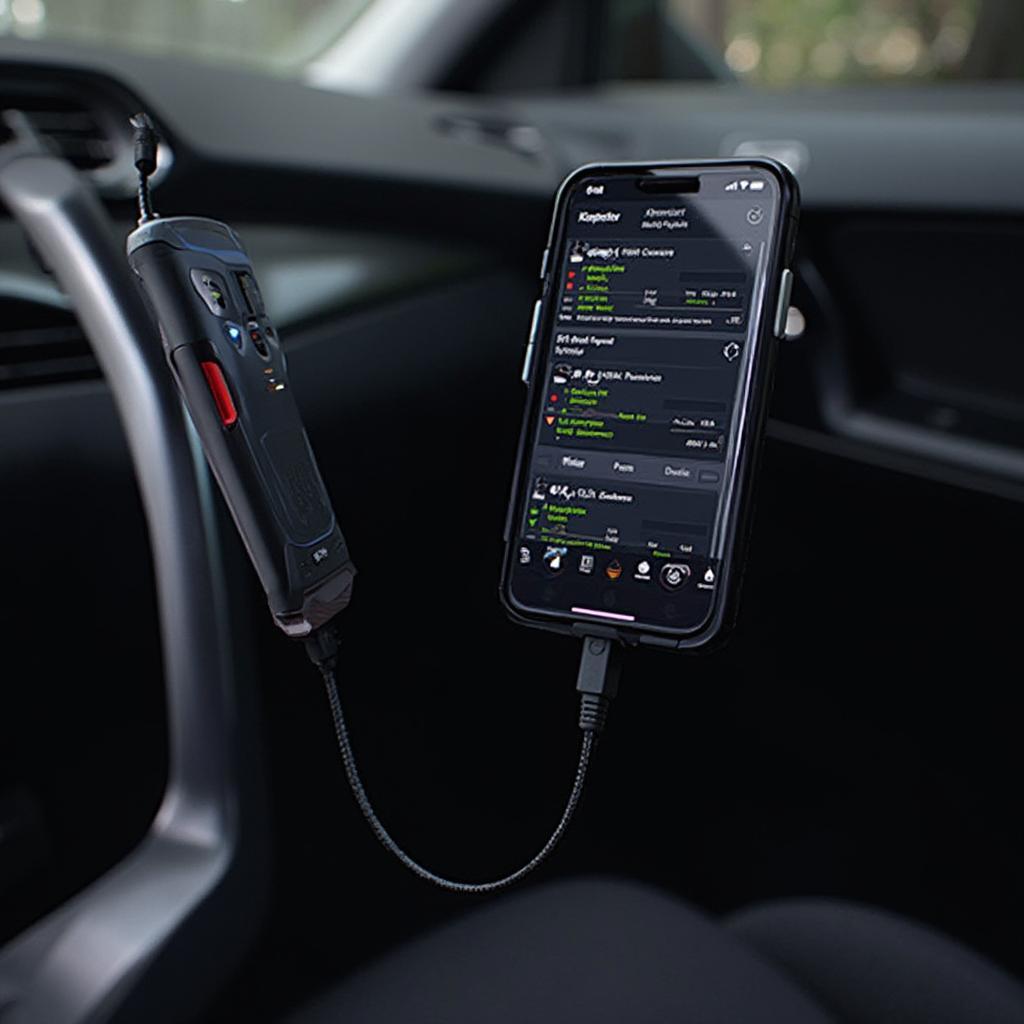 OBD2 scanner plugged into a car's diagnostic port and connected to an iPhone displaying diagnostic data