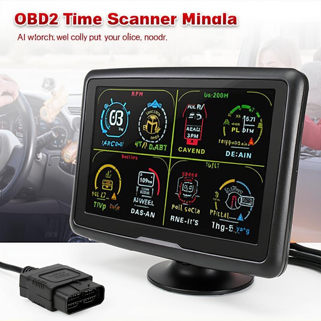 OBD2 scanner monitor displaying various vehicle parameters like speed, RPM, and engine temperature