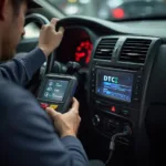 OBD2 scanner reading diagnostic trouble codes from a car's computer