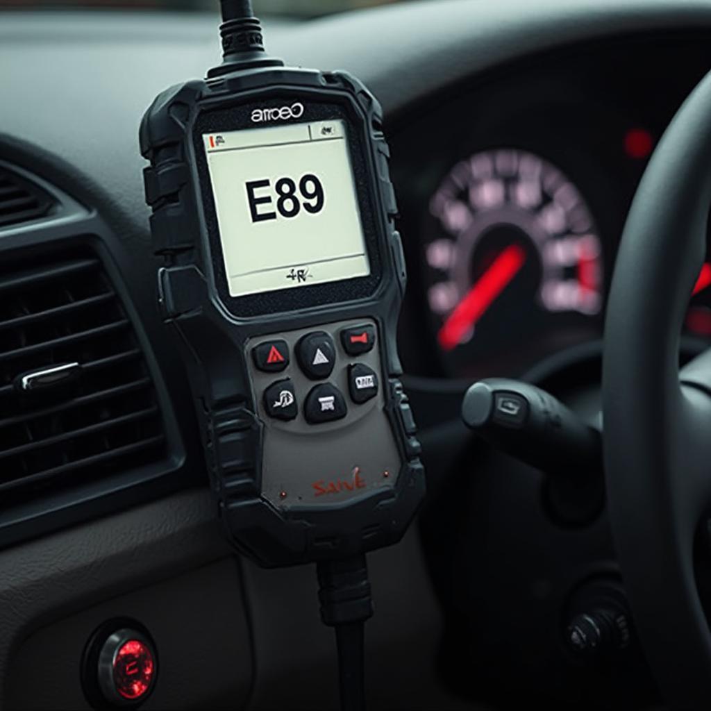 OBD2 scanner displaying E89 code on car dashboard