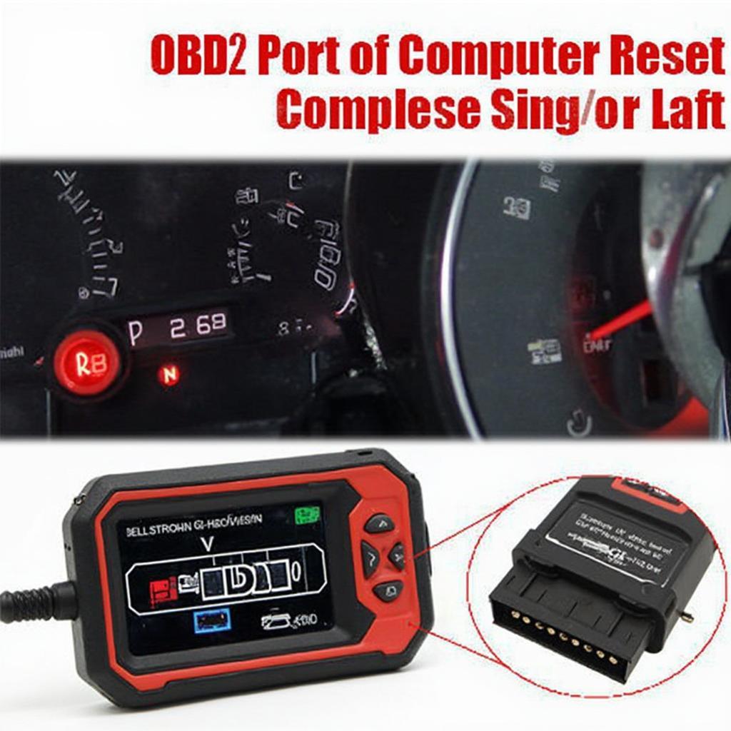 OBD2 scanner plugged into a car's OBD port, resetting the computer