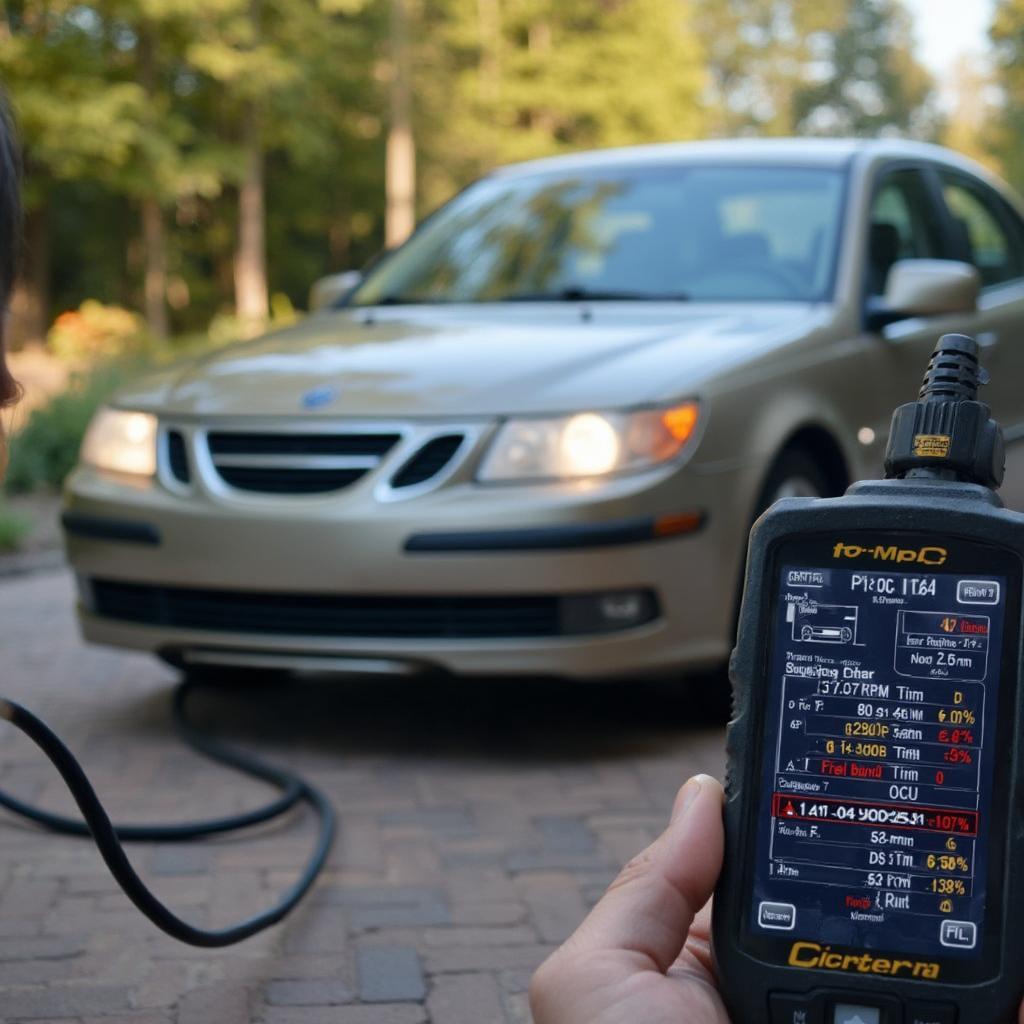 OBD2 Scanner Displaying Live Data on a Saab 9-5