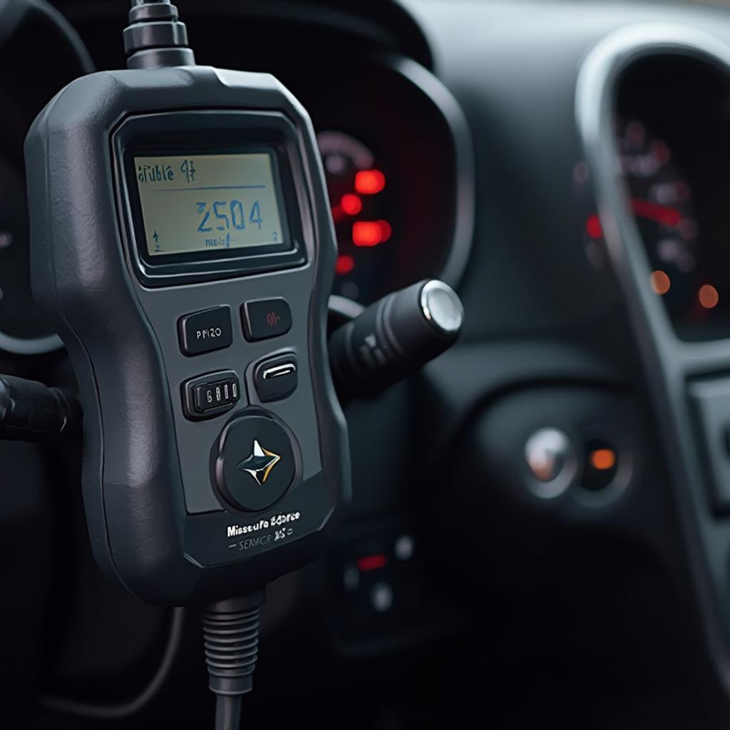 OBD2 scanner displaying the P0304 error code on a car's dashboard.