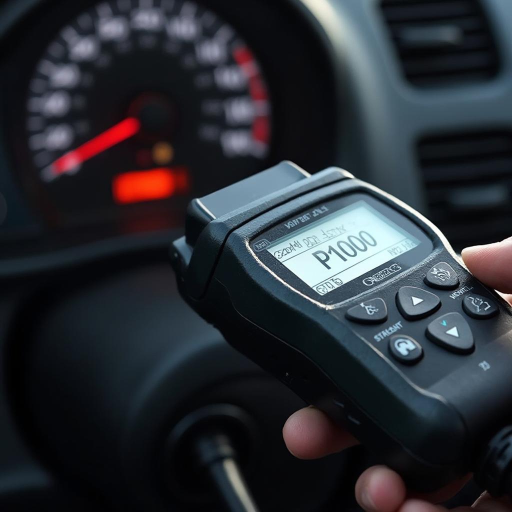 OBD2 scanner displaying P1000 code on the car's dashboard