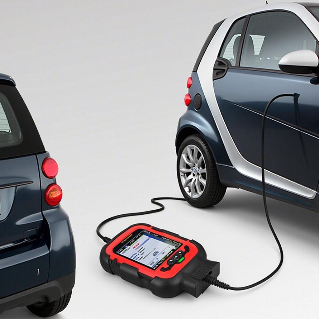 OBD2 scanner plugged into a smart car's diagnostic port.