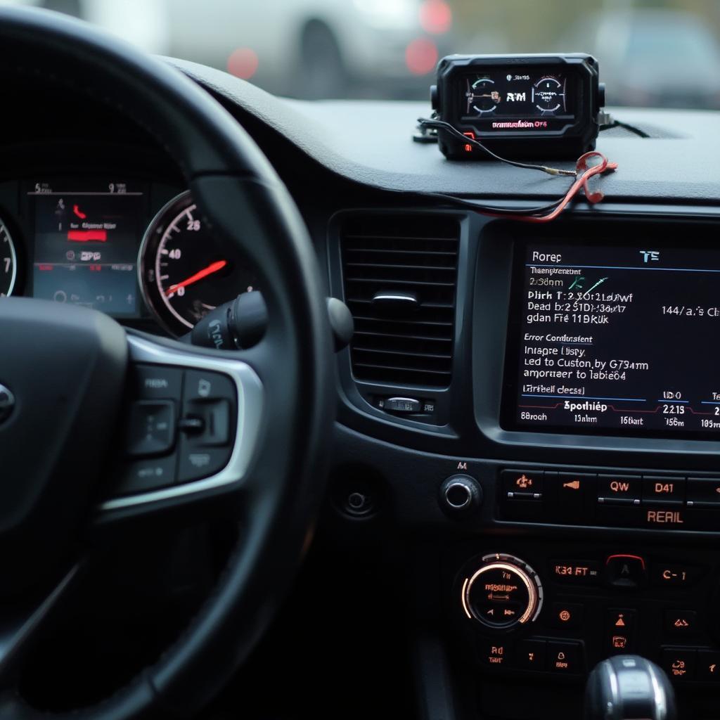 OBD2 scanner displaying transmission data on a car's dashboard