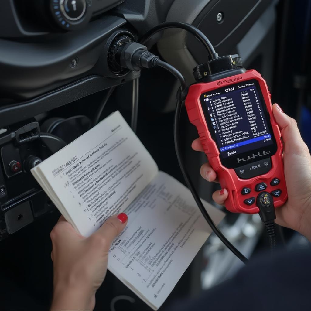 Mechanic using an OBD2 scanner to retrieve Mode 3 data