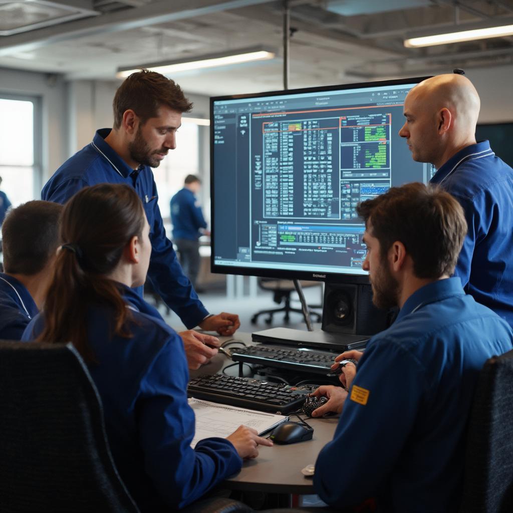 Automotive students using an OBD2 simulator during a training session.