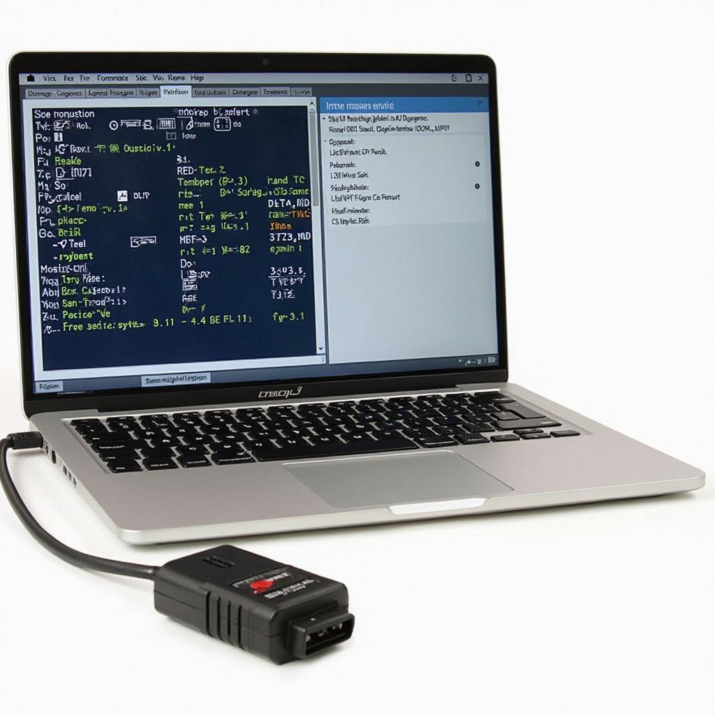 Laptop screen displaying OBD2 software interface with data from a connected vehicle.