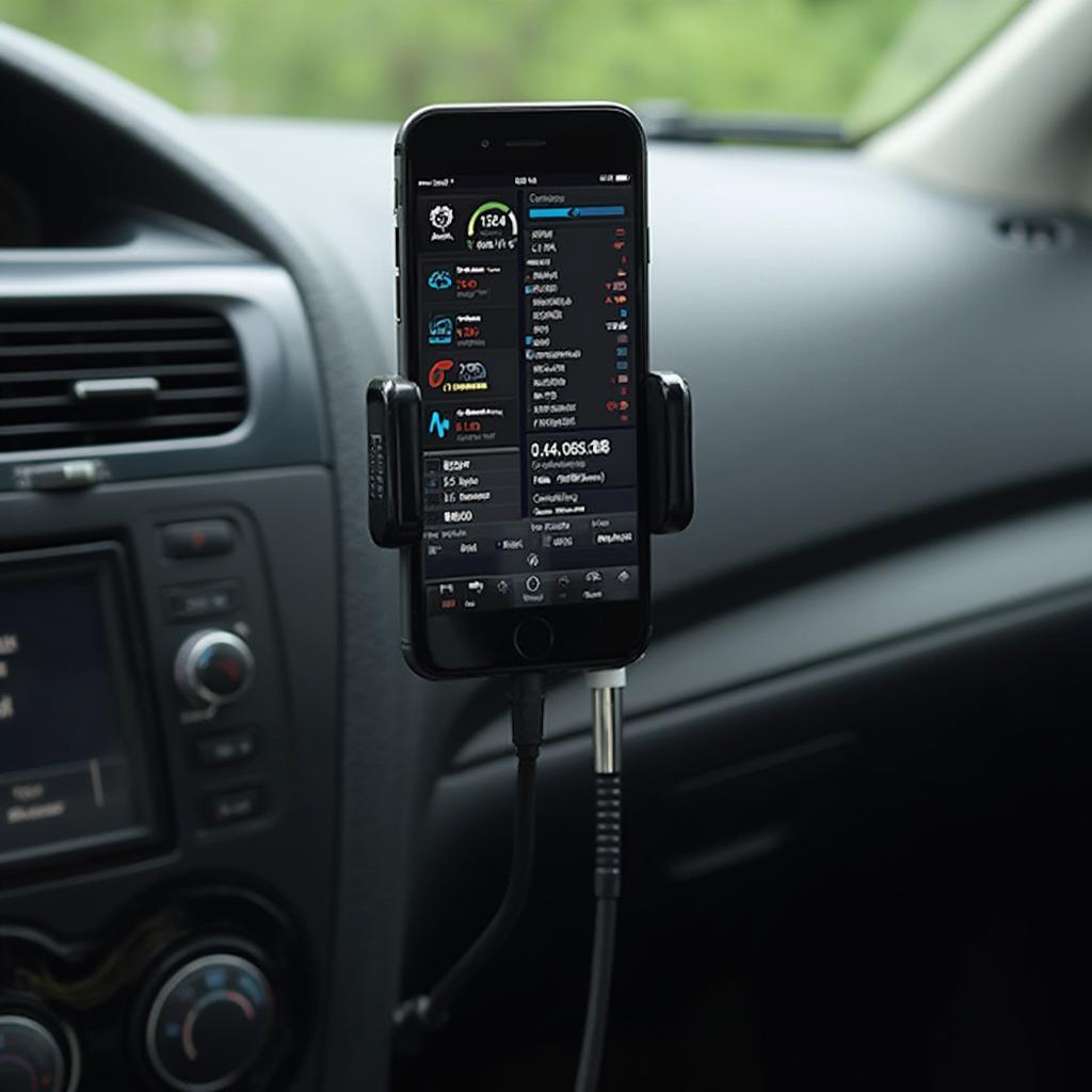 OBD2 software displayed on an iPhone dashboard connected to a car's OBD2 port