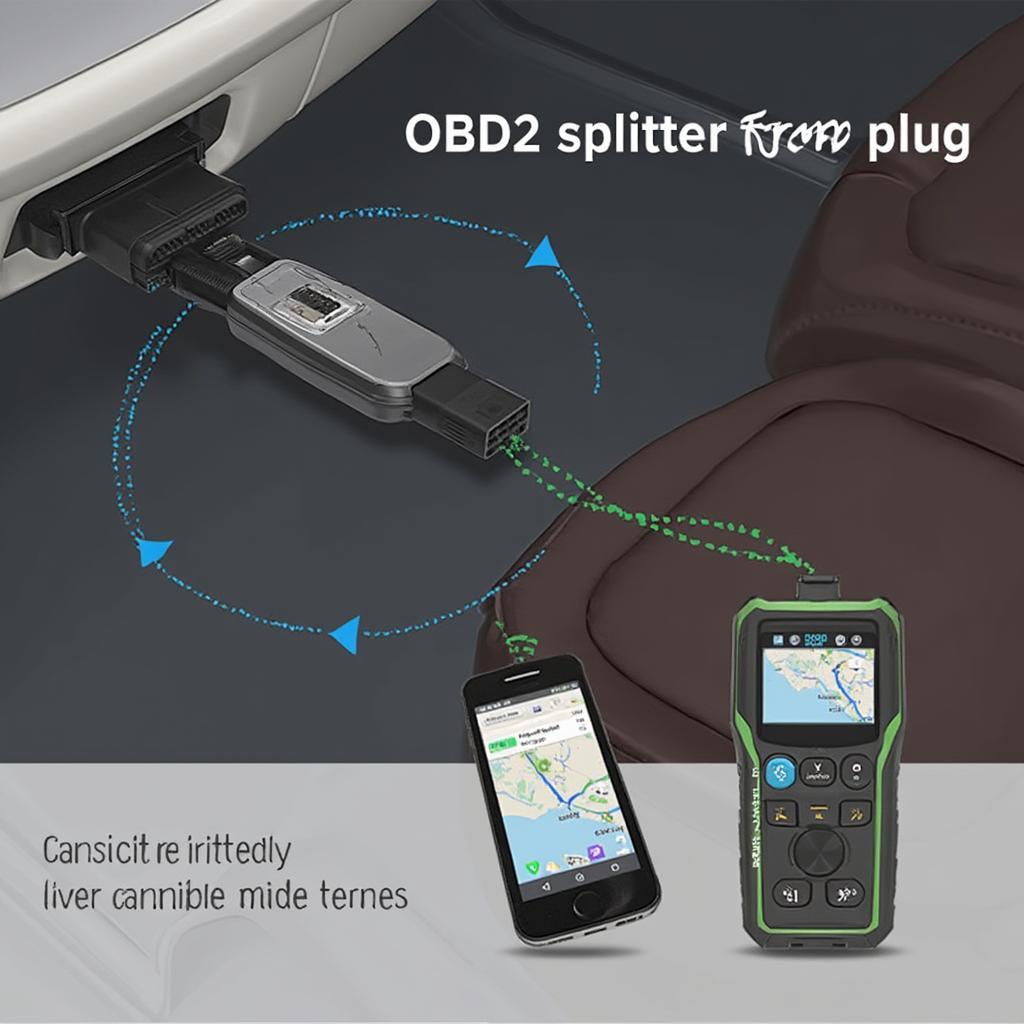 OBD2 splitter plug connected to a GPS tracker and a diagnostic scanner