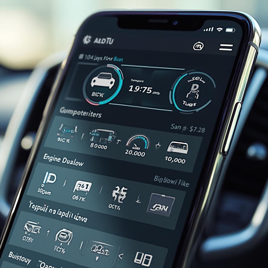 Smartphone displaying real-time vehicle data and diagnostics from an OBD2 telematics system.