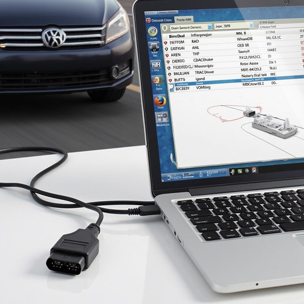 OBD2 USB cable plugged into a laptop for vehicle diagnostics