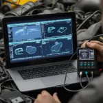 OBD2 vehicle simulator connected to a laptop, displaying diagnostic data and allowing for component testing.