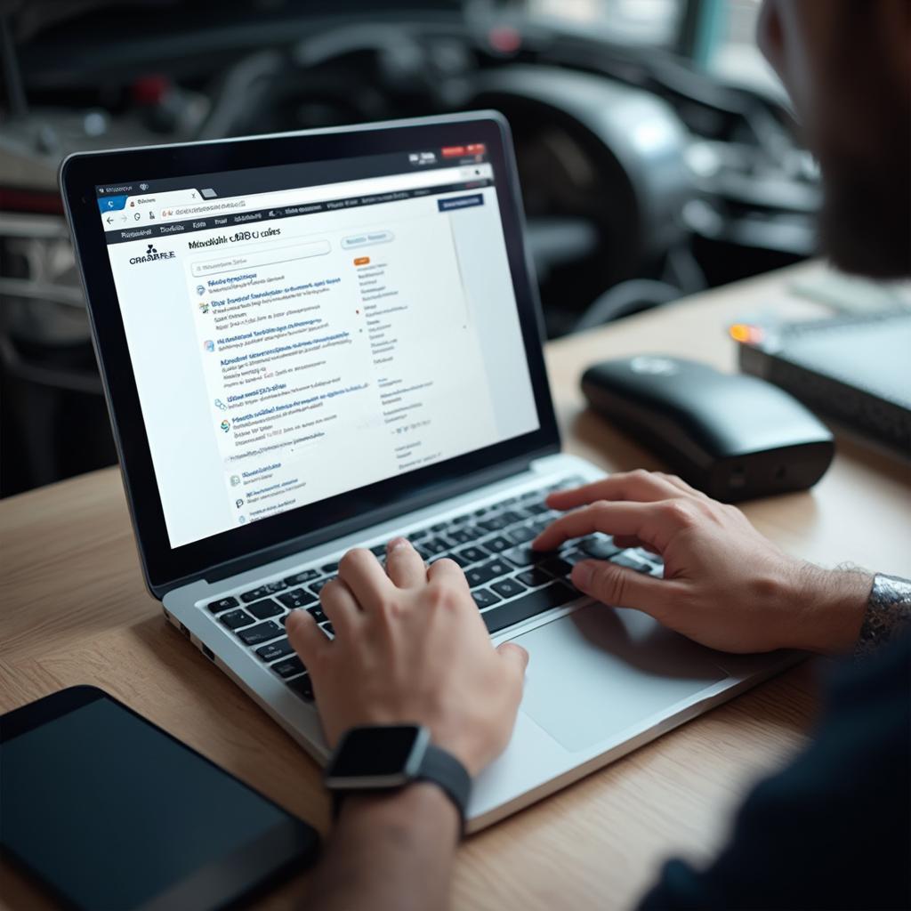 A person using a laptop to look up Mitsubishi OBD2 fault codes online.