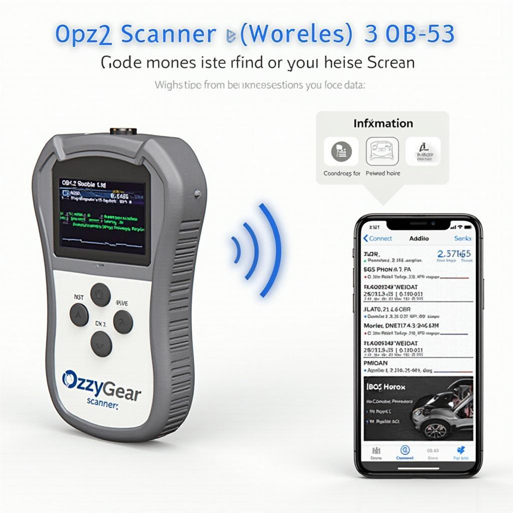 Ozzy Gear OBD2 Scanner Connected to Smartphone - An Ozzy Gear OBD2 scanner connected to a smartphone via Bluetooth, displaying diagnostic data on the phone's screen.