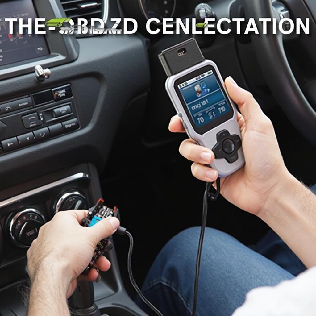 Ozzy Gear OBD2 Scanner in Use - A person using an Ozzy Gear OBD2 scanner to diagnose car problems, with the scanner plugged into the OBD2 port and the user interacting with the device.