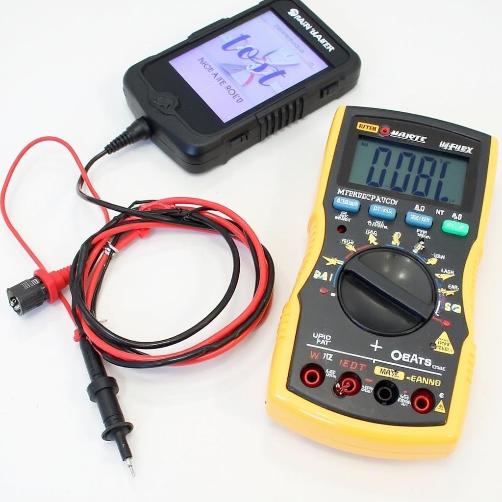 Diagnostic tools for a 1997 Toyota Corolla showing an OBD2 scanner plugged into the port and a multimeter testing the IAT sensor.