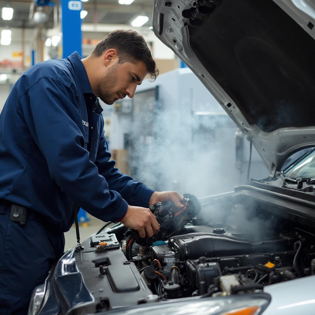 Mechanic inspecting vacuum hoses for leaks that can cause a P0171 OBD2 code.