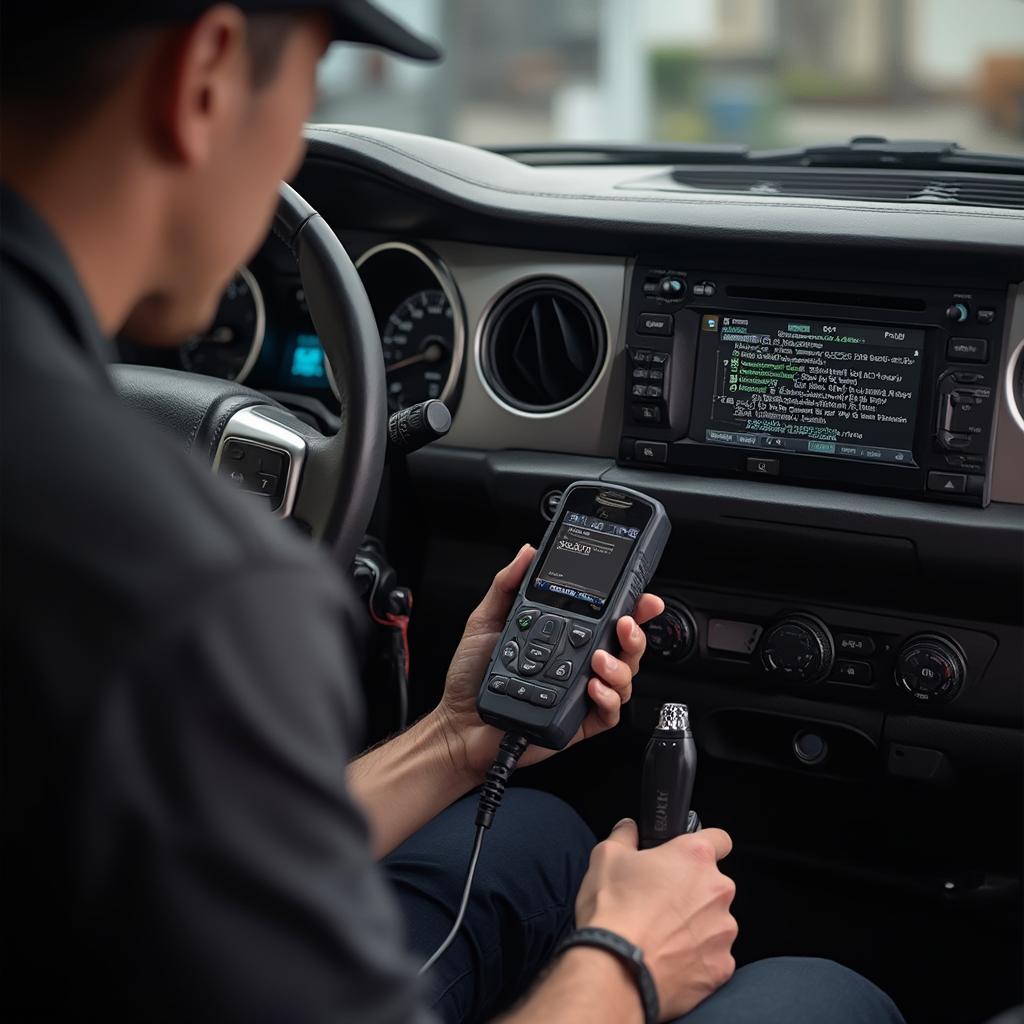 Mechanic Diagnosing P0420 Code on a Toyota Tacoma Using an OBD2 Scanner