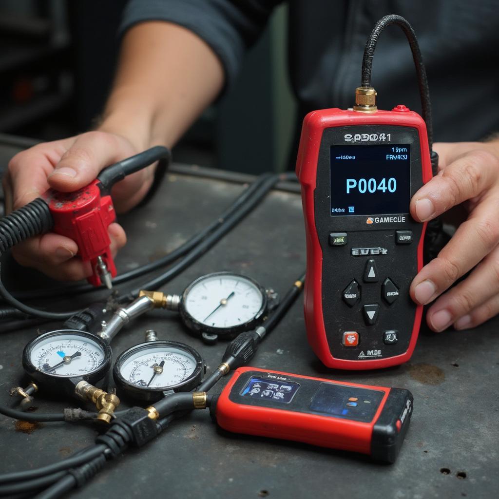 Various tools used for diagnosing a P0440 trouble code, including a pressure gauge, smoke machine, and OBD2 scanner.