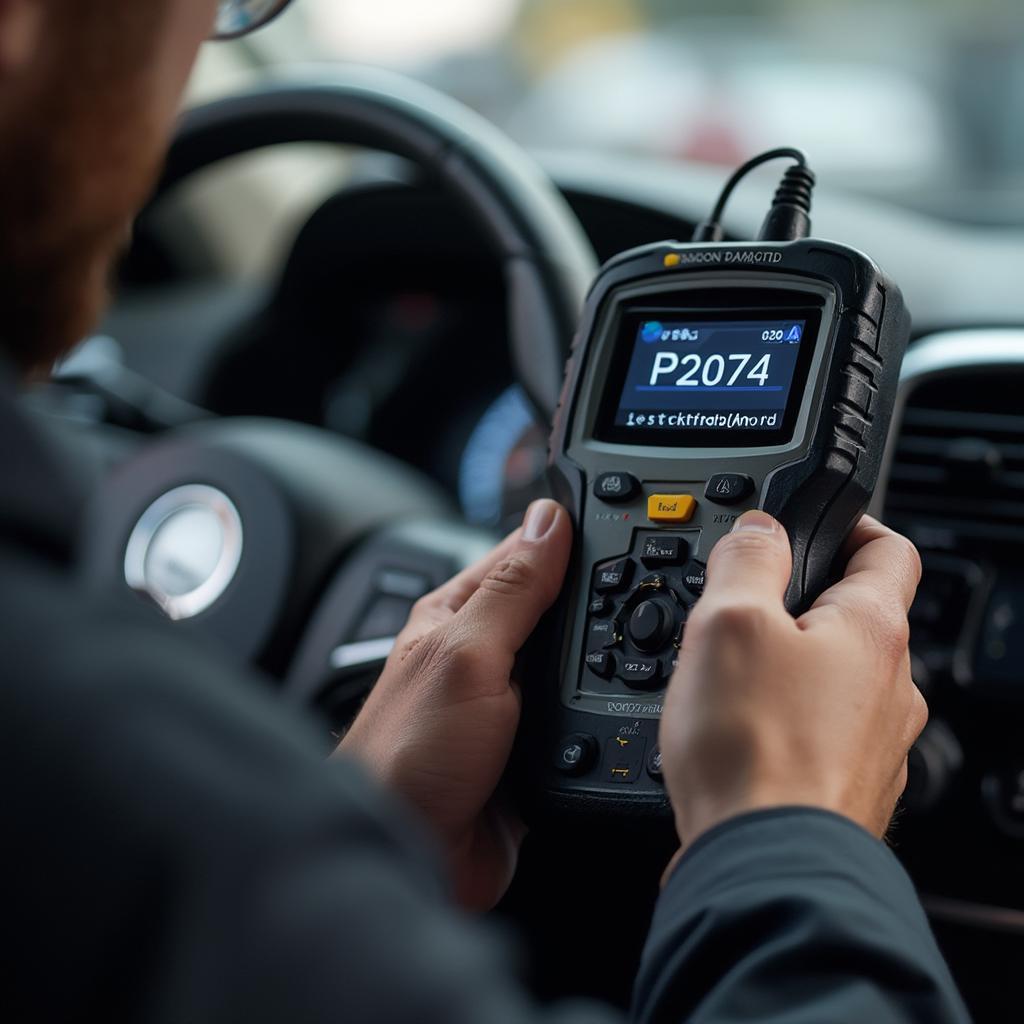 Mechanic Using an OBD2 Scanner to Diagnose P2074