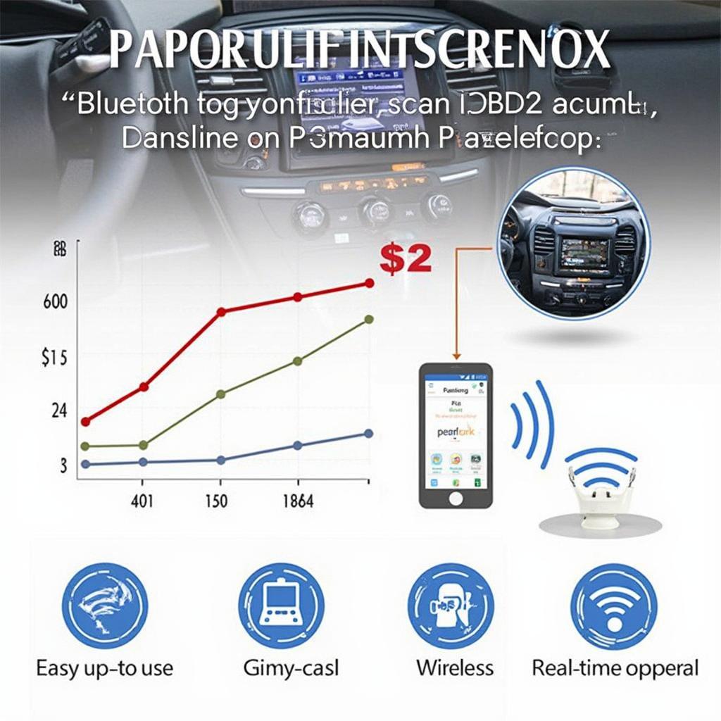 Illustration showcasing the key features and benefits of using a Panlong Bluetooth OBD2 scanner, including cost-effectiveness, ease of use, wireless convenience, and real-time data monitoring.